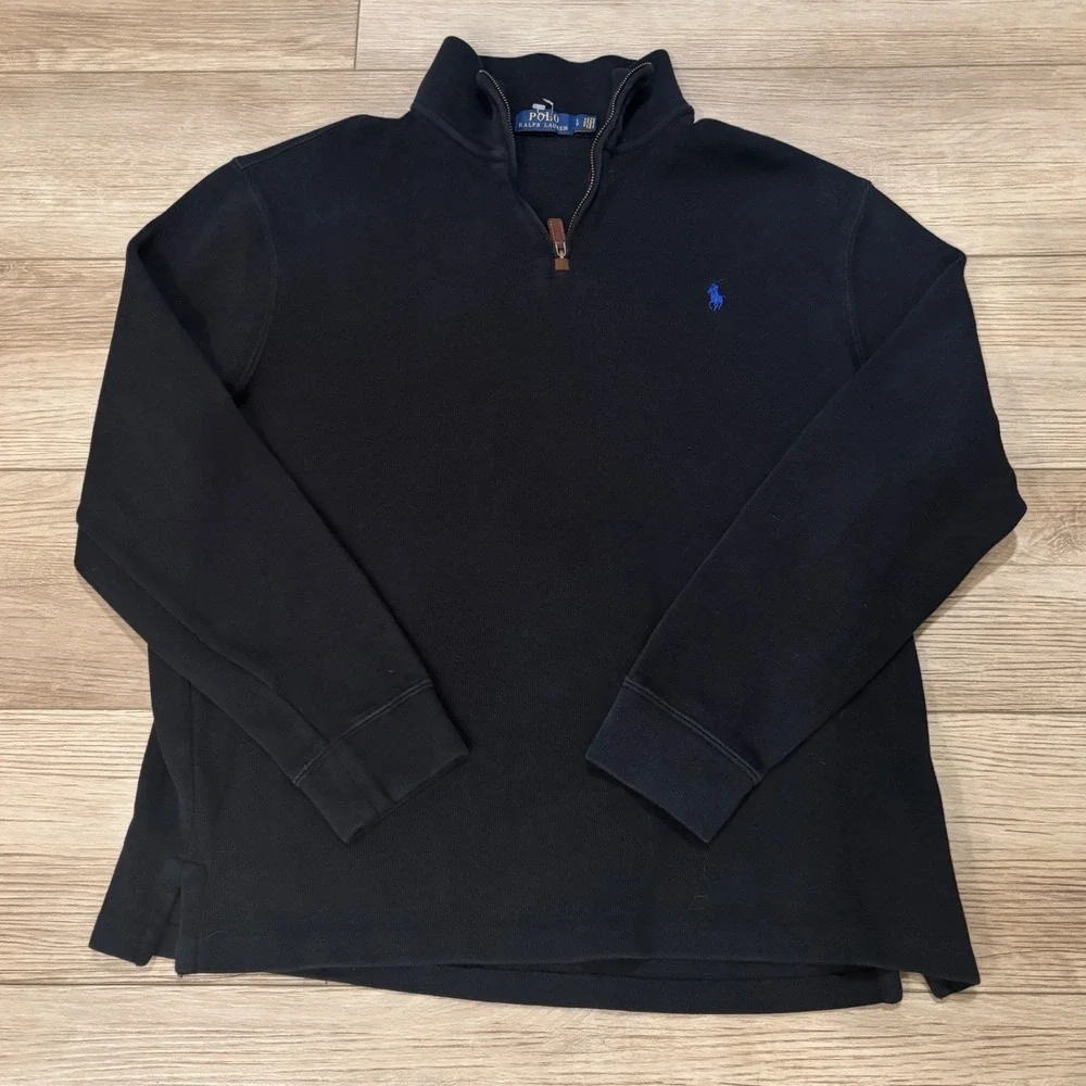 Polo Ralph Lauren Mens Black Quarter Zip Pullover Sweater Blue Pony Large Preppy